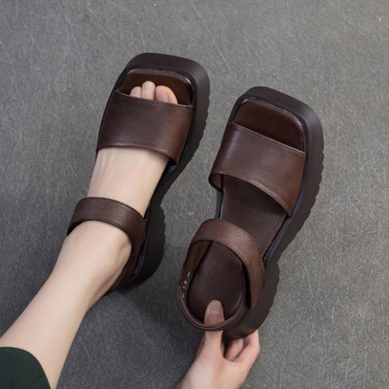 Johnature Retro Sandály s otevřenou špičkou a čtvercovou špičkou na silné podrážce, z pravé kůže, pohodlné dámské platformové boty