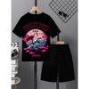Boys' casual fashion sports outdoor set | 3D printed pattern, round neck short sleeved T-shirt and shorts