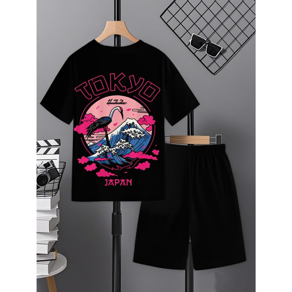 Boys' casual fashion sports outdoor set | 3D printed pattern, round neck short sleeved T-shirt and shorts