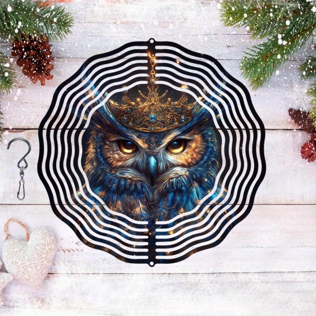 Metal Wind Chime with Crowned Owl Design Dual Direction Spinning No Electricity Needed for Garden Patio Yard Outdoor Decoration