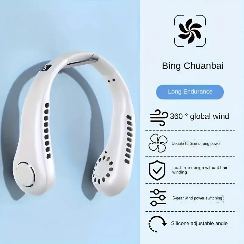 

1 шт., модный USB-вентилятор для зарядки, носимый шейный вентилятор, 3 скорости для выбора летнего уличного вентилятора белый