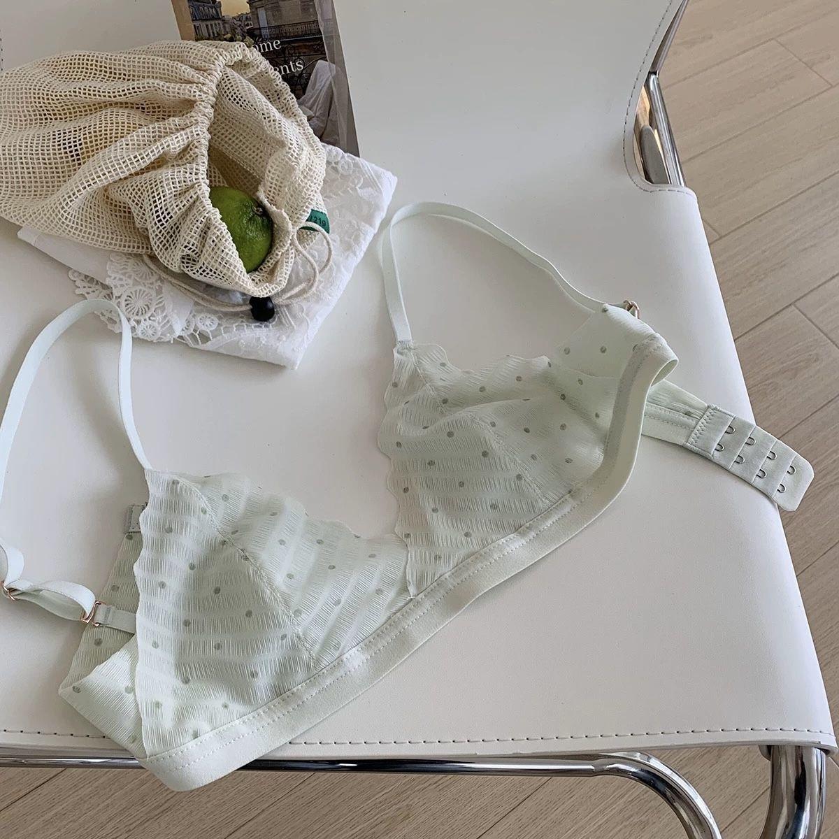 

Сладкое ультратонкое нижнее белье с треугольными чашками в горошек для женщин, бесшовный бюстгальтер пуш-ап для маленькой груди, летний бюстгальтер с чашками в виде кроличьих ушек 38/85 зелёный