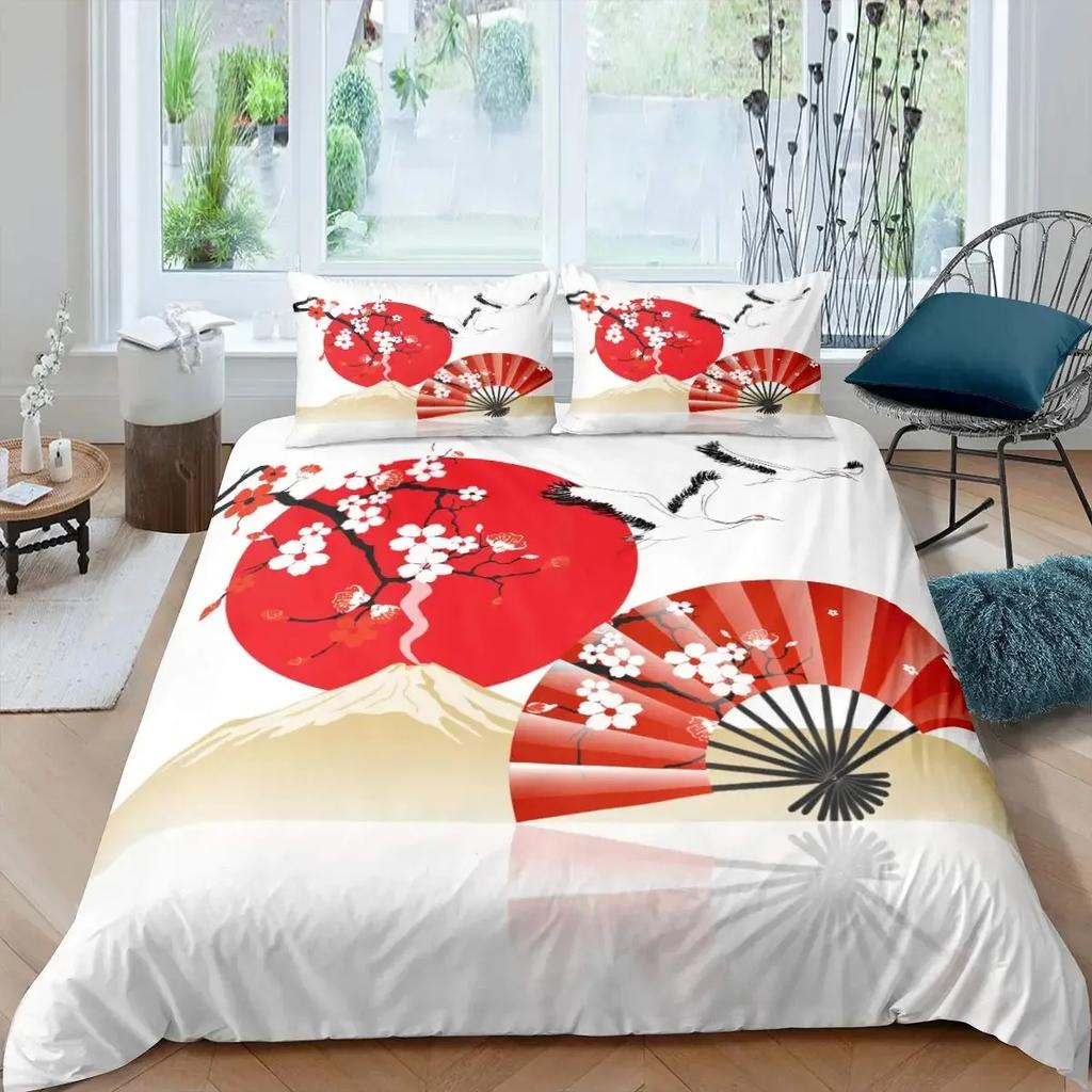Japan Mount Fuji Duvet Cover Set Cherry Comforter Cover Retro Tower Bedding Set Japanese Ukiyo-E Bedspread Cover Full Queen Size