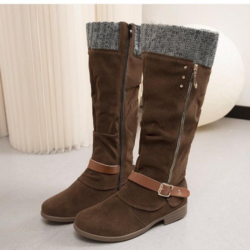 Wish large size women's shoes autumn and winter new women's leather boots side zipper high boots low heel knight boots