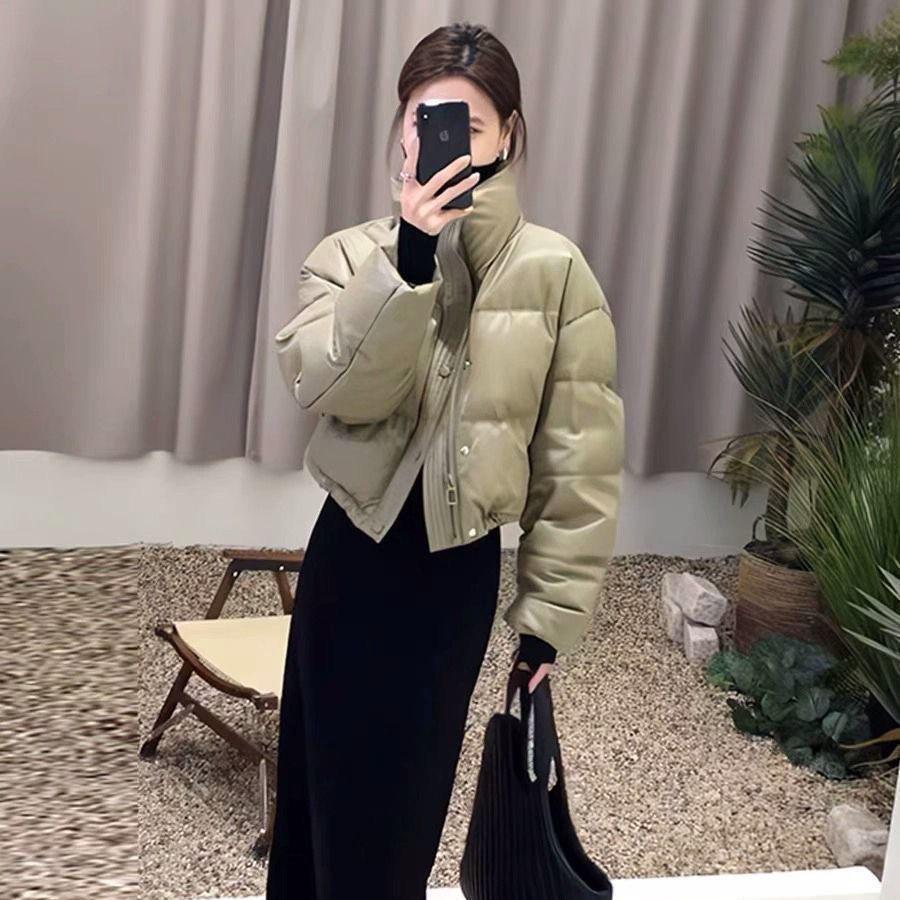 Autumn Winter Thicken Warm Short Stand Collar Parka Women Casual Solid Color Pocket Loose PU Coat Jackets Outwear