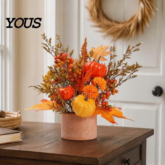 Small Potted Plant for Fireplace Fall Pumpkin Flower Arrangement, Artificial Maple Berry Halloween Indoor Decoration Thanksgiving, Harvest Home