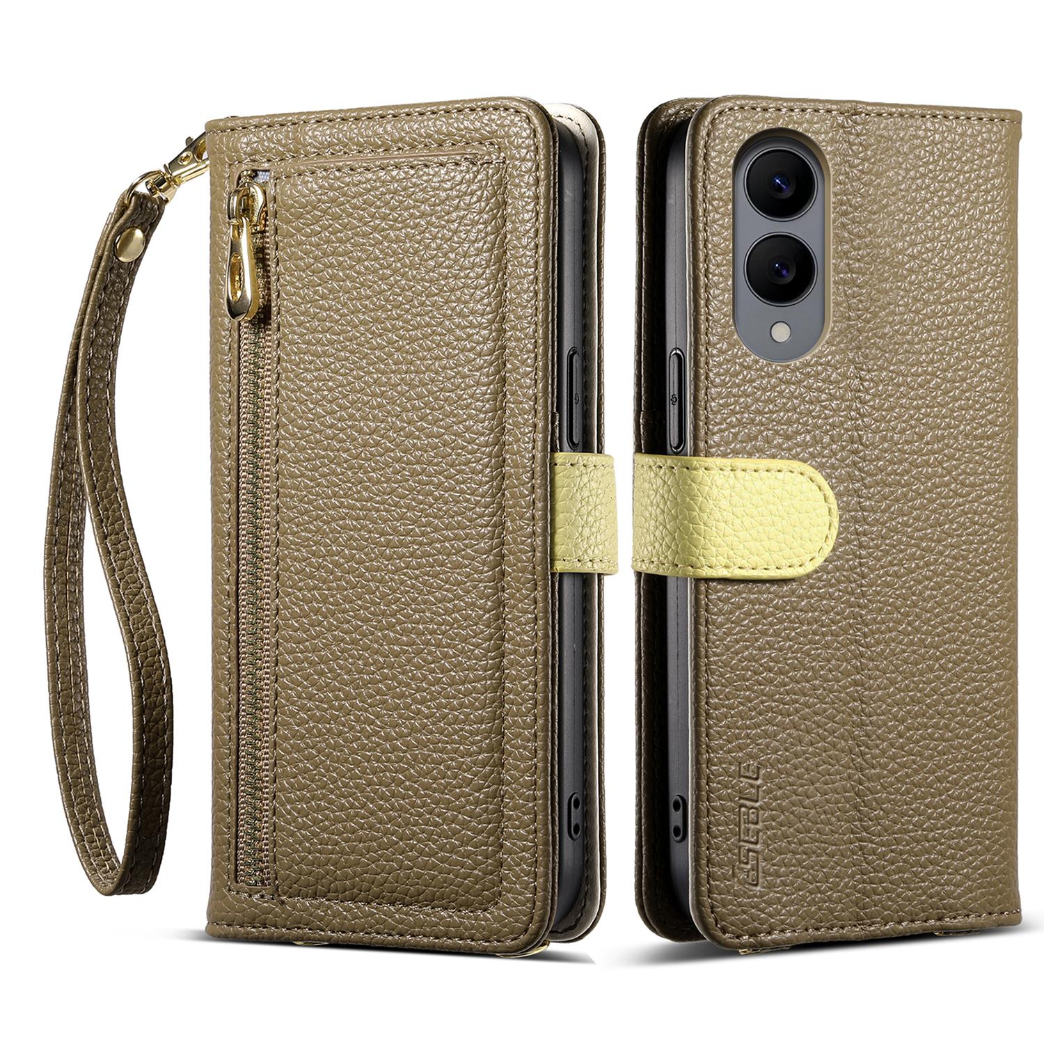 

ESEBLE E11 For Samsung Galaxy S25 Edge Case Zipper Pocket Litchi Texture Leather Phone Cover with Mirror and Wrist Strap Brown