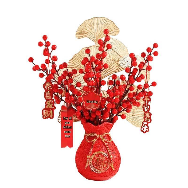 Fortune Red Fruit Floral Arrangement - Artificial Flowers for Living Room, New Year, Wedding, or Housewarming Decoration