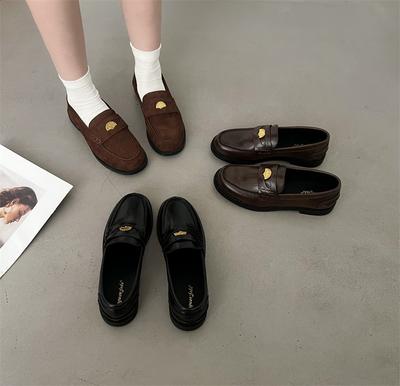 Spring Casual Retro Suede Small Gold Coin Decorative Buckle Women's Round Head Flat-soled Leather Shoes