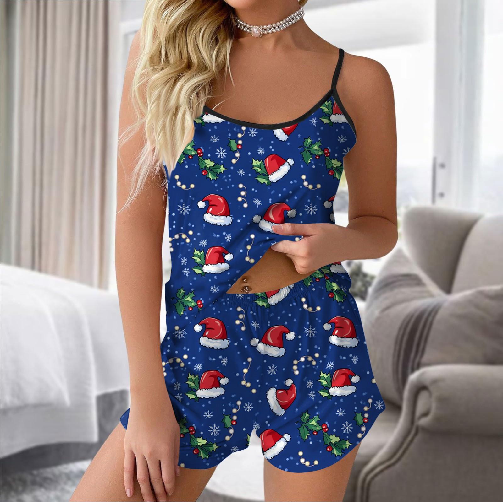 

Женская мода повседневный безрукавный топ шорты пижамный комплект с рождественским принтом M