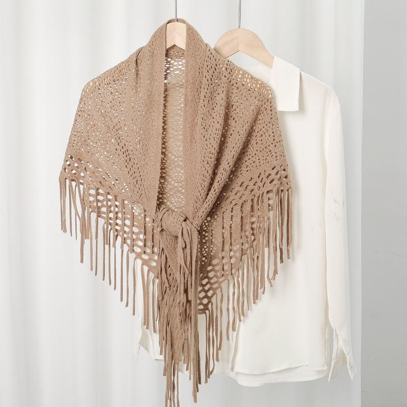 Spring New Women's Autumn and Winter Knitted Fringed Triangle Scarf Travel Cheongsam Shawl Outer Top Scarf Dual-purpose