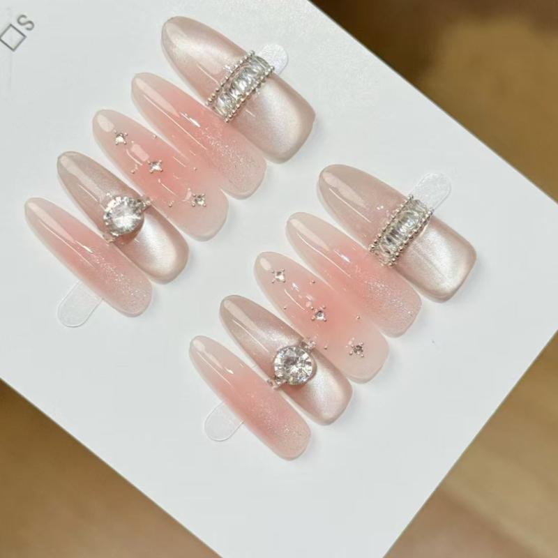 10Pcs Handmade Nude Pink Press On Nails with Sparkly Crystal & Star Details XS