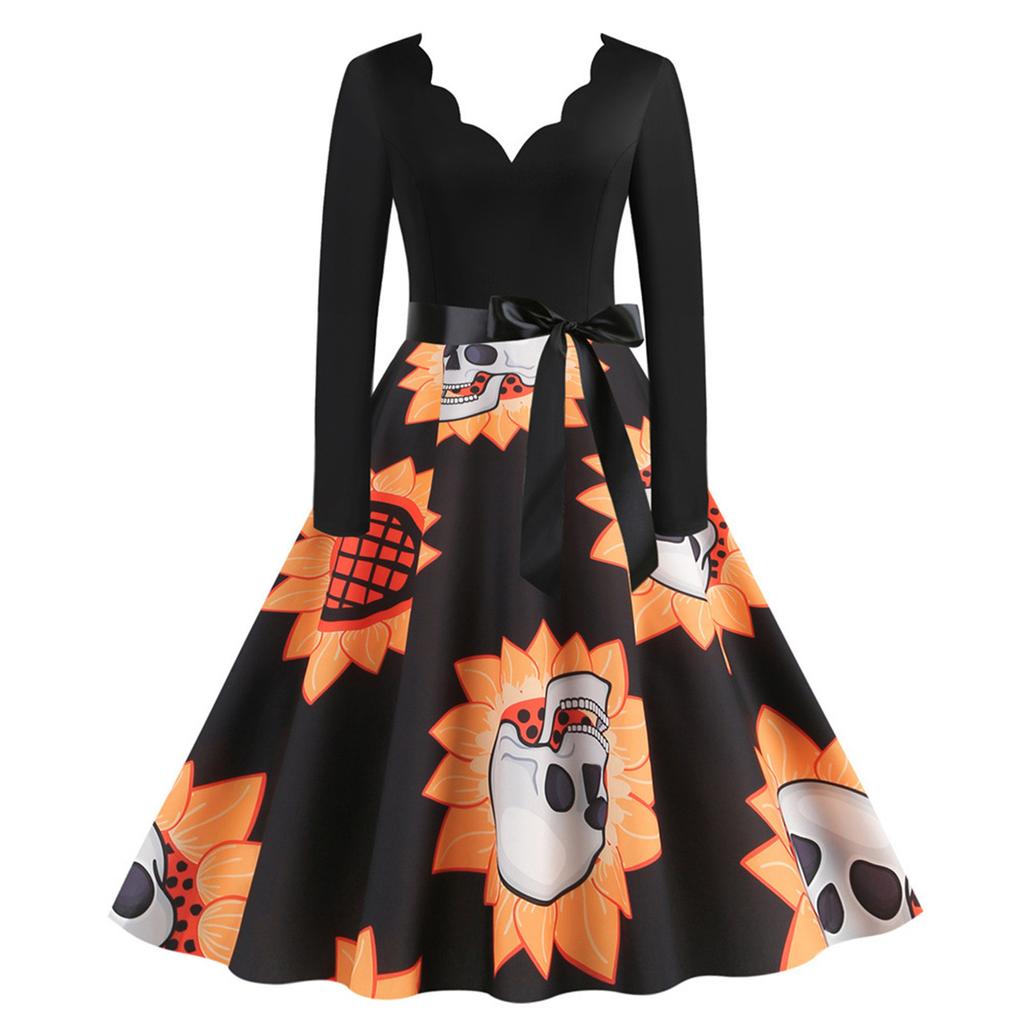 Women's Fashion Print Long Sleeve V-Neck Casual Halloween Hem Dress
