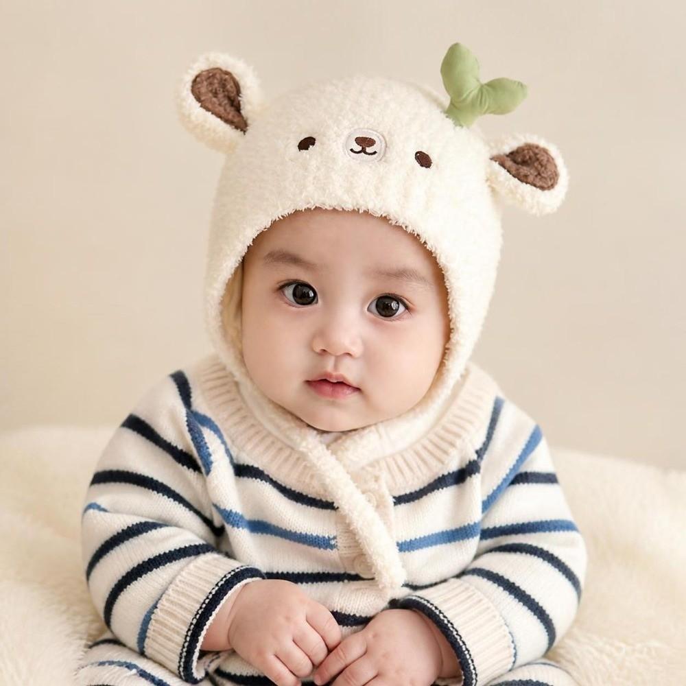 Plush Lined Baby Hat Knitted Fabric Earflap Hat Cute Baby Cap Daily Wear