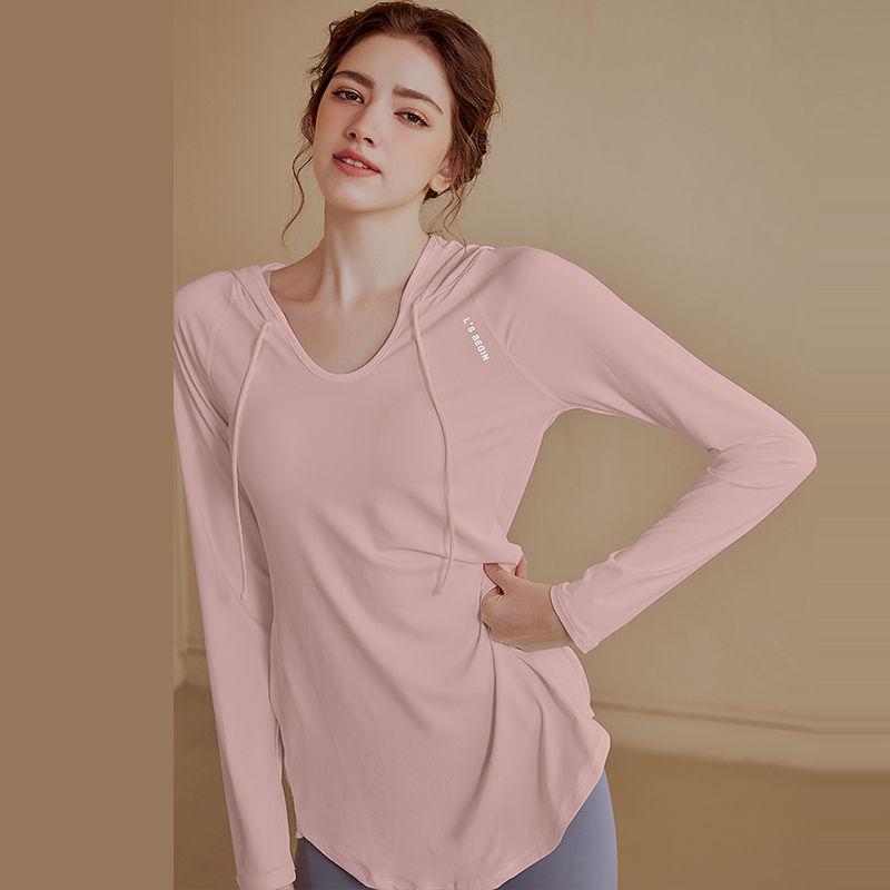 Women Autumn Spring Slim Fit Hooded Long Sleeve Workout Top High Waist Loose Fitness Shirt for Running Yoga Gym