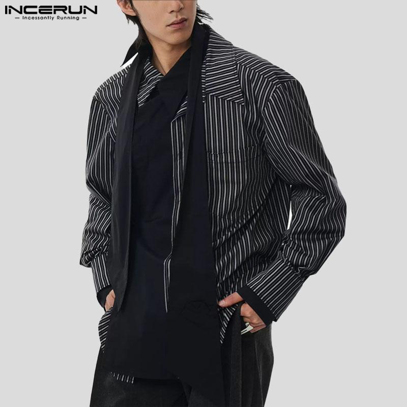 INCERUN Oversized Men Long Sleeve Patchwork Buttons Up Casual Striped Shirts Tops