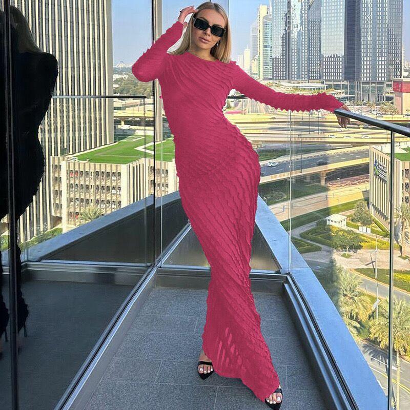 

Autumn new fashion temperament long-sleeved skirt round neck striped slim-fitting and thin dress L
