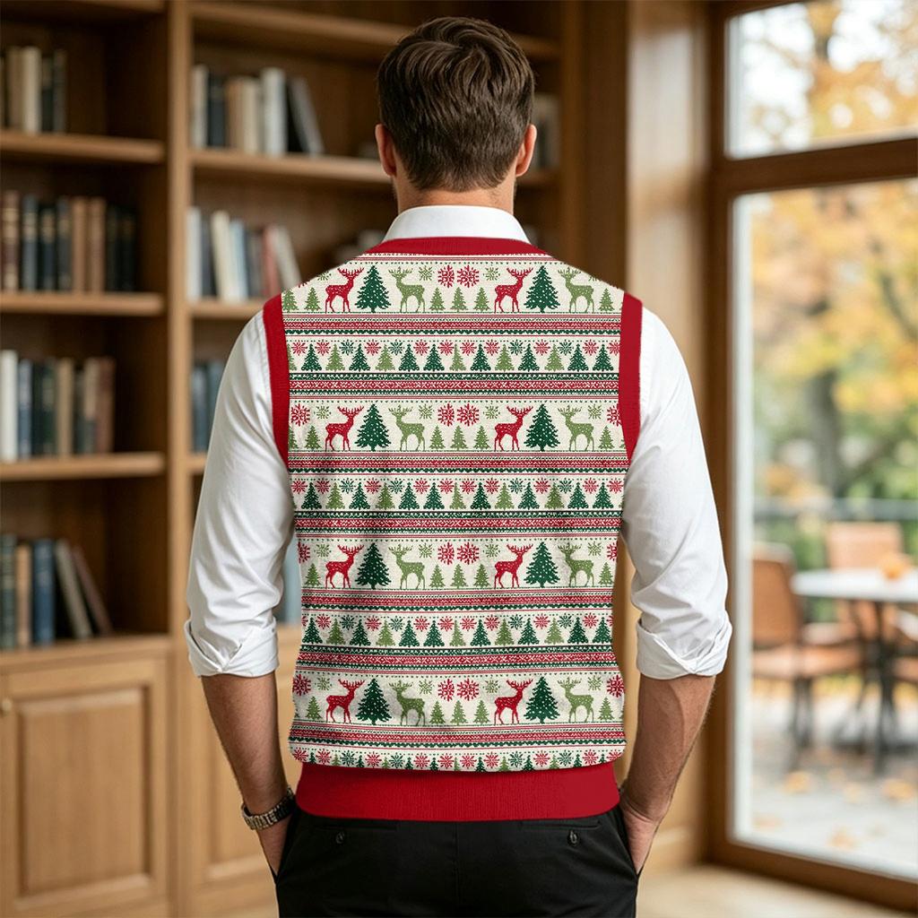 Men's V-Neck Sleeveless Knit Vest Casual Wool with Christmas Print for Commuting