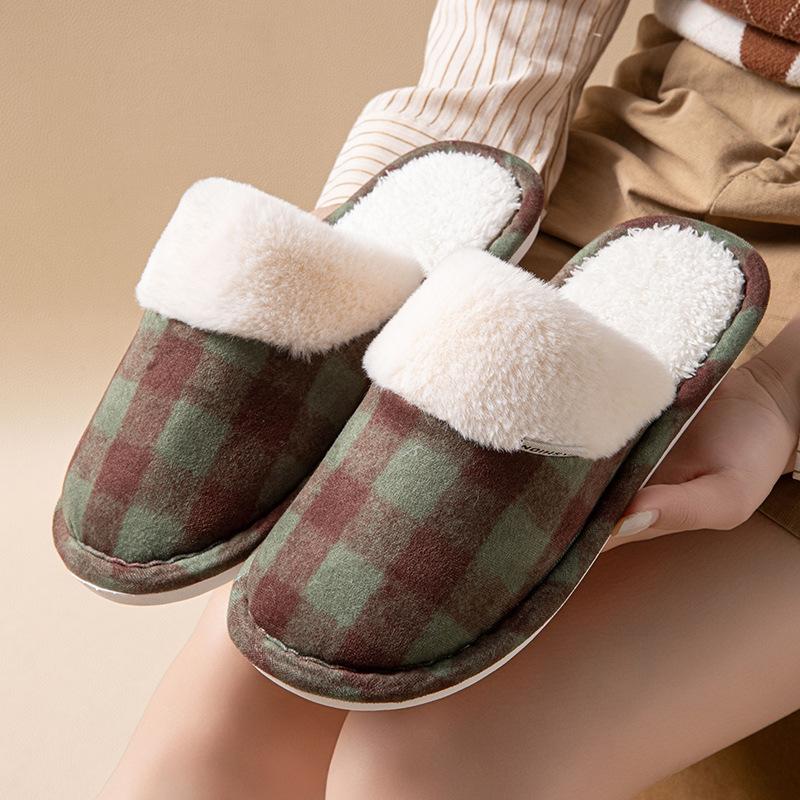 Retro plaid cotton slippers men's winter indoor home non-slip thick-soled plush warm cotton slippers women's winter