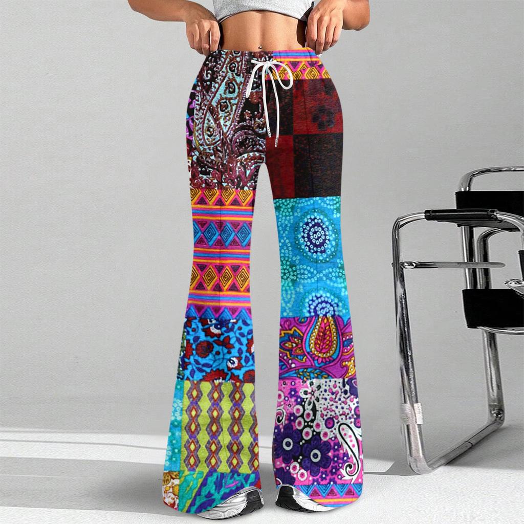 Women's Fashion Loose Drawstring Waist Retro Printed Casual Sports Pants Casual Flared Pants