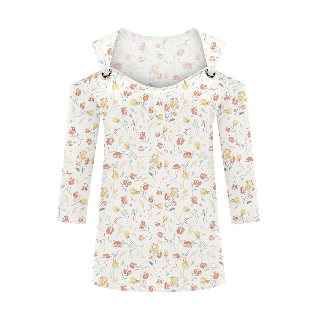 Women's Casual Shirt Blouse Print V-neck Sexy Cold Shoulder 3/4 Sleeve Top