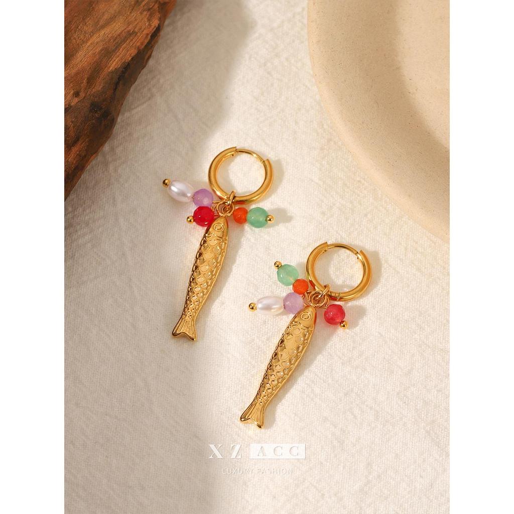 European and American Style Colorful Pearl Fish Earrings in 18k Gold and Titanium Steel