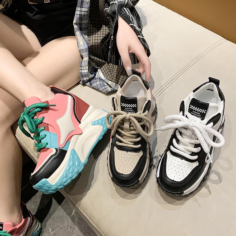 fashion Women Chunky Sneakers 9.5CM Heels Winter Thick Sole Casual Vulcanized Shoes High Platform Leather Sneakers Woman Free Ship