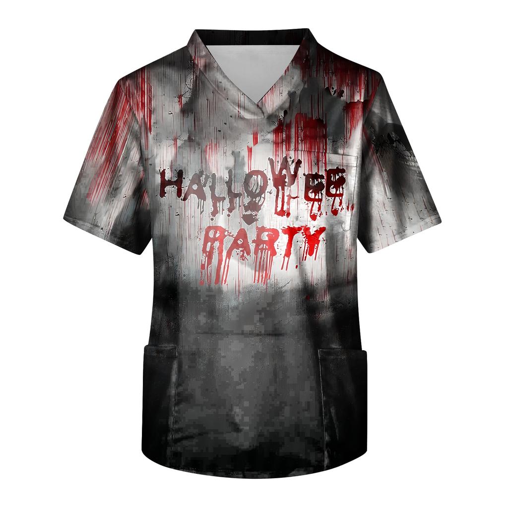Herren Halloween Print V-Ausschnitt Kasack Kurzarm Medizinische Arbeitskleidung mit Tasche Leicht Bequem Passend für medizinisches Fachpersonal