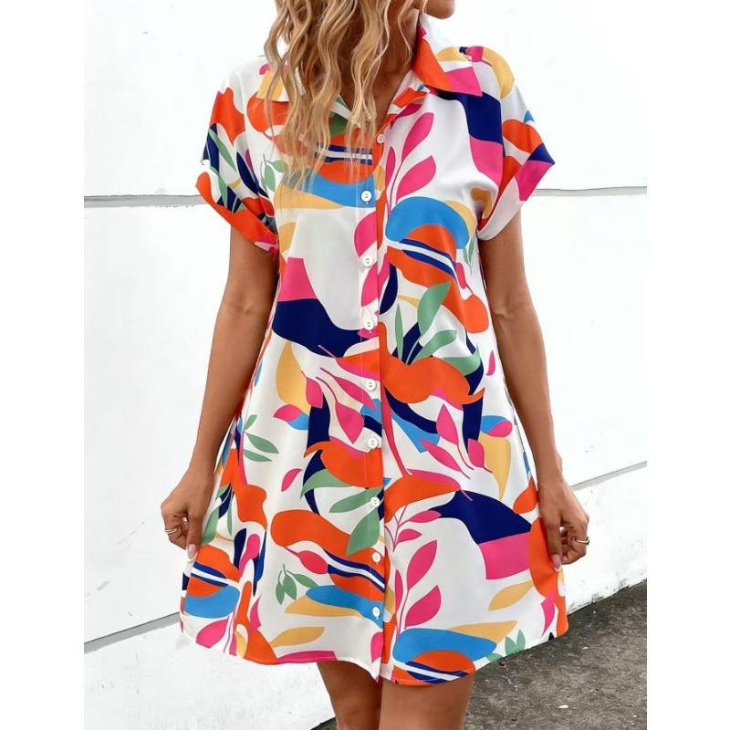 Women's Summer New Fashion Colorful Floral Print Cardigan Short Sleeved Lining Dress