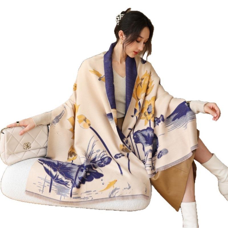 Imitation cashmere ink painting lotus scarf women's new warm simple autumn and winter double-sided thickened scarf