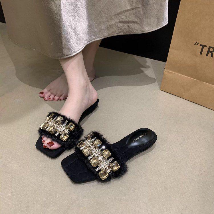 Soft Waxy and Easy To Wear! Milk Tea Apricot Rhinestone Cool Slippers Women's New Temperament Versatile Open-toed Fluffy Shoes In Summer 2025