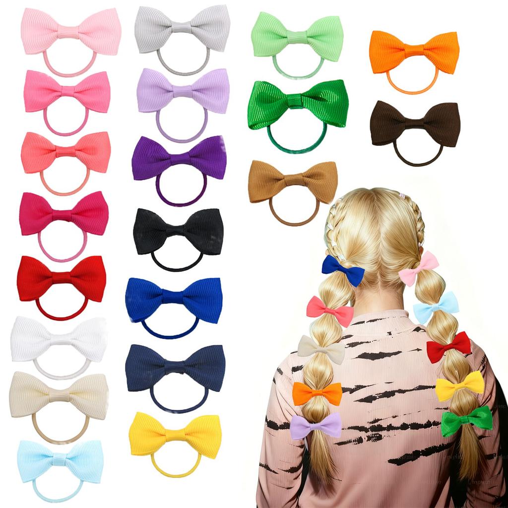 20 Pcs Hair Bows 2 Inch Elastic Rubber Hair Bands Pigtail Ponytail Holders School Hair Accessories for Toddlers Kids Children