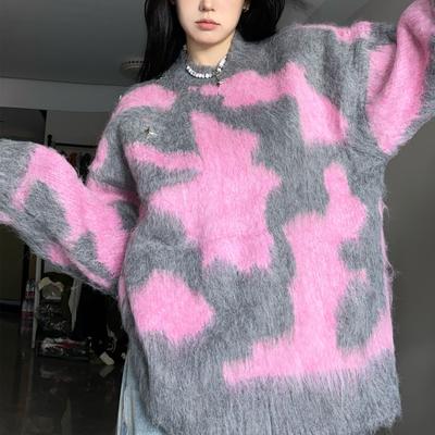 Lazy Wind Color Collision Pullover Damen Herbst und Winter Lockerer Rundhalspullover Strickpullover Damenoberteile Modisch Vielseitig