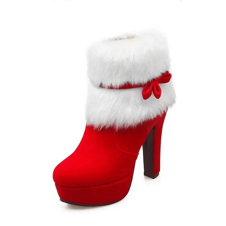 2026 Winter New Women Boots Waterproof Platform High Heel Thick with  Bow Decorative Comfortable Boots Christmas Red