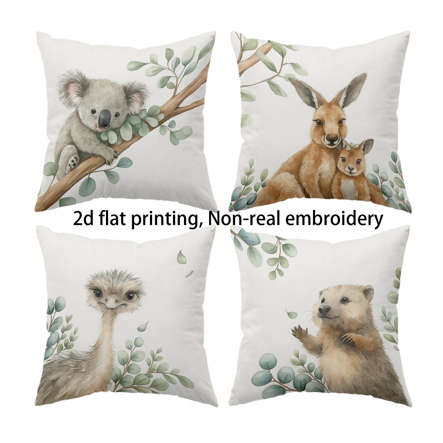 4-delige Natuurlijke Eco-Vriendelijke Kussensloop Set in Australische Stijl, Met Koala's, Kangoeroes, Emus en Wombats. 35x35cm gray