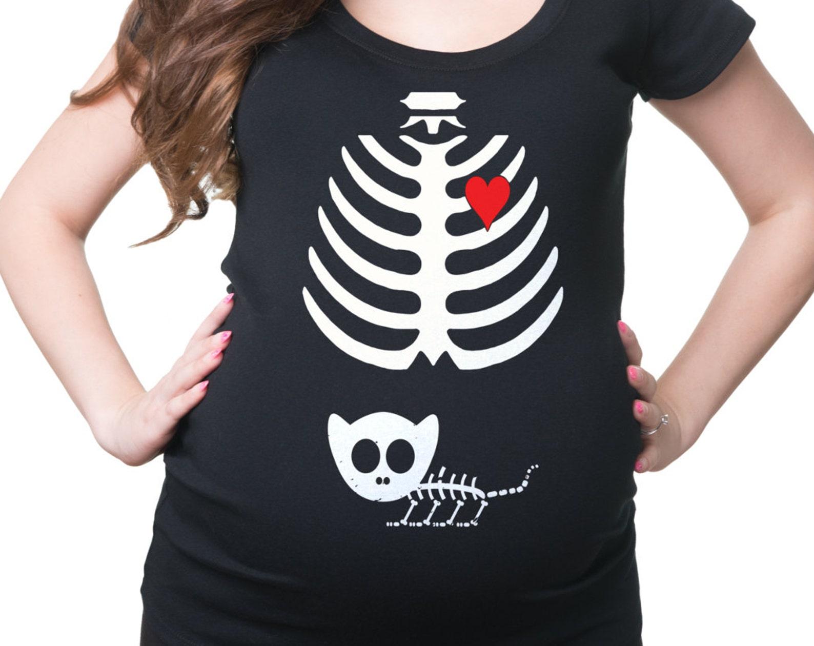 Pregnancy T-Shirt Halloween Costume Cat Xray Skeleton Maternity Tee Shirt Halloween Party 2XL