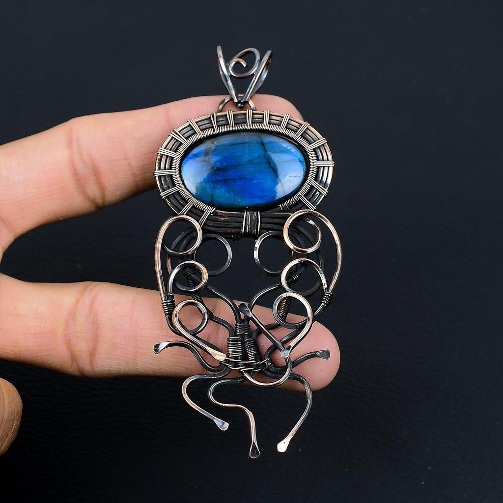 Labradoryt kamień szlachetny drut miedziany Wrap ręcznie robiony wisiorek biżuteria prezent dla miłości