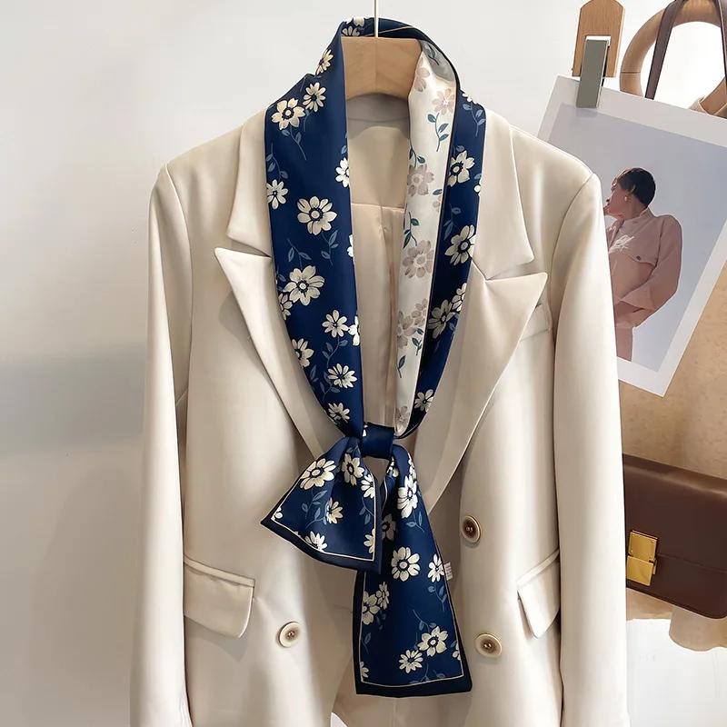 Fashion New Small Silk Scarf Women Tie Bag Headband Flower Printing Hairband Korean Style Neckerchief Ribbon Luxury Brand