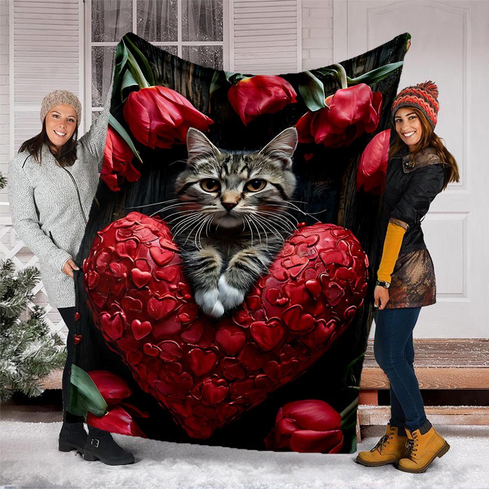 1pc Cat Heart Tulips Outdoor Flannel Blanket , Machine Washable Perfect Gift for Birthday , Holiday Travel Accessory , Durable Material