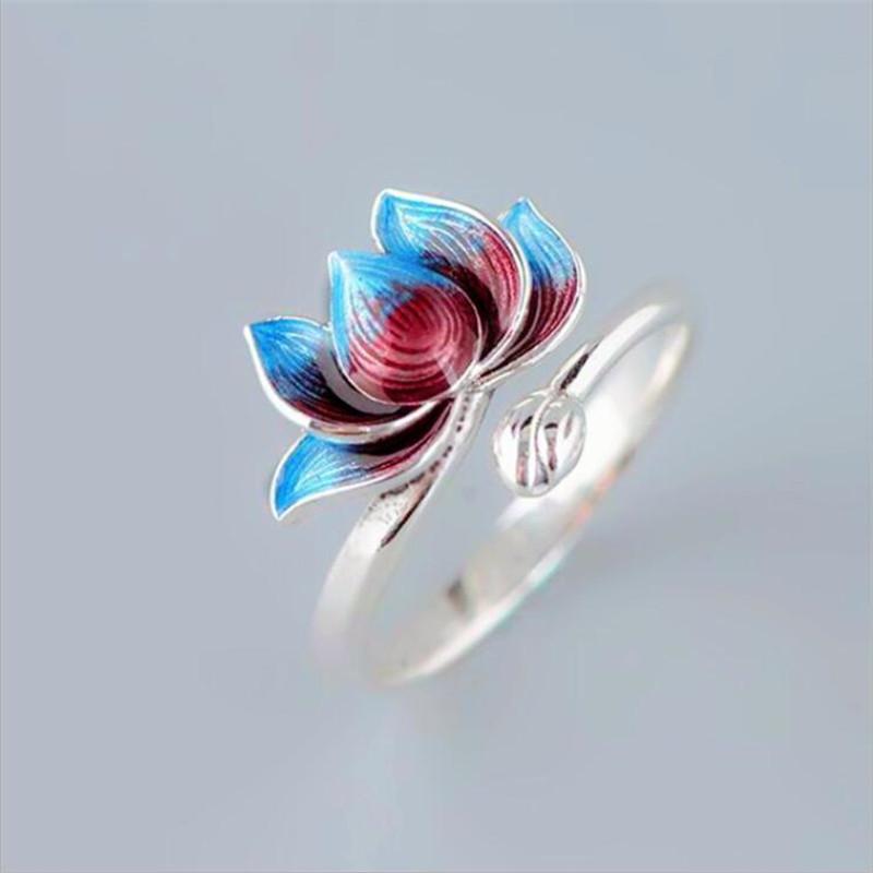 New Fashion Burnt Blue Cloisonne Lotus 925 Sterling Silver Jewelry Personality Epoxy Two-color Lotus Flower Opening Rings R306