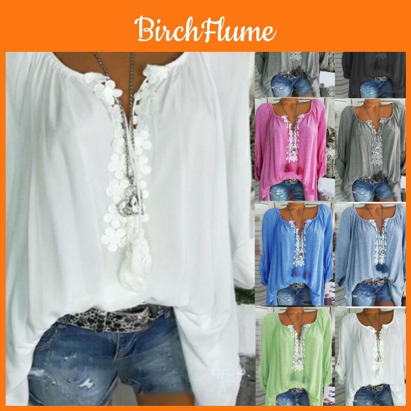 Elegant Plus Size Women Boho Long Sleeve Blouse Baggy Tops With V Neck Design