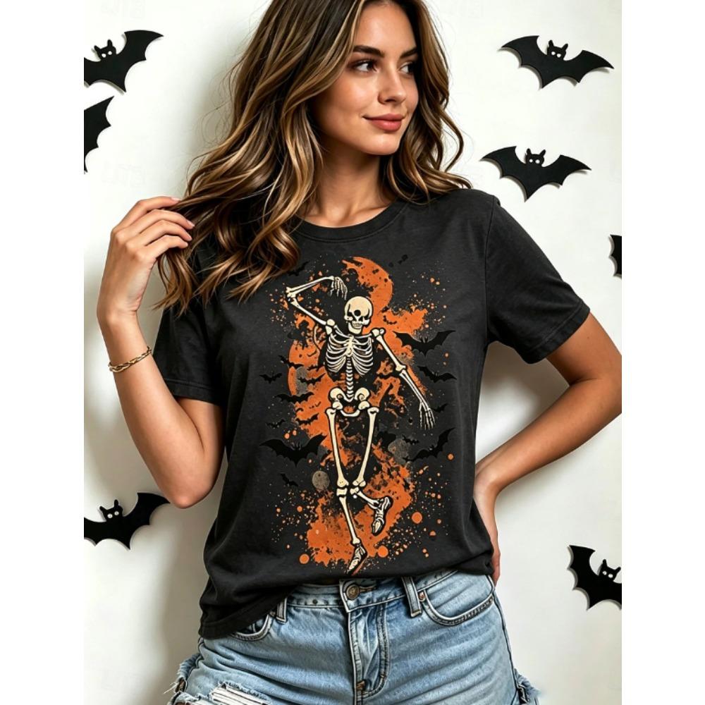 Fashion Women Retro Creative Skeleton Bat Print T Shirt Funny Casual O-neck Short Sleeves T-shirt Summer Female Tee Shirt