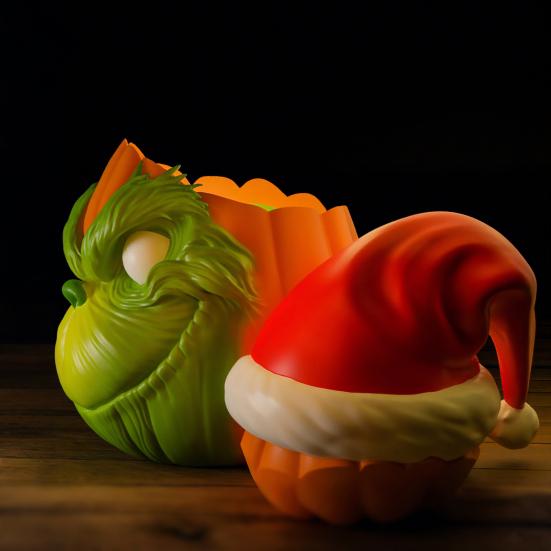 Halloween Pumpkin Face Statue Spooky 3D Printed Green Elf Pumpkin Figurine Collectible Christmas Ornament for Home Decor