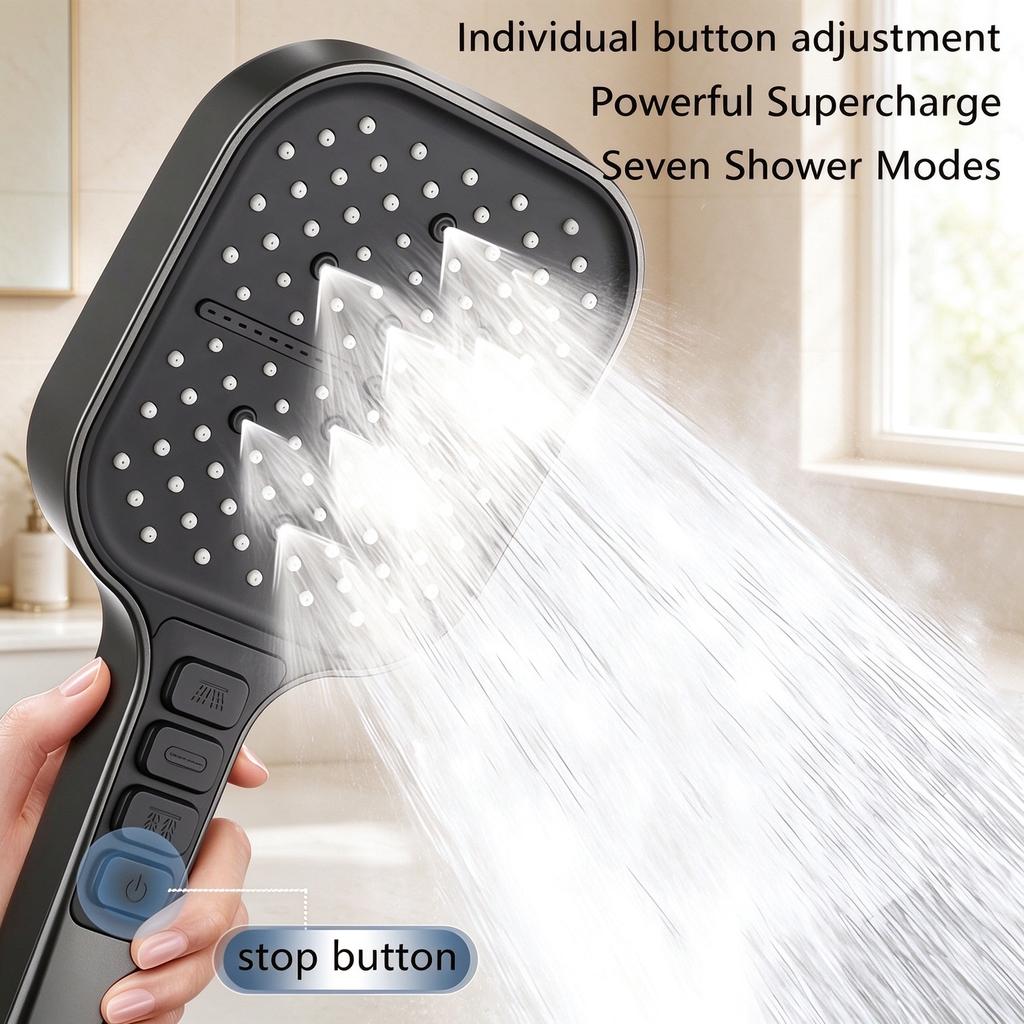 7 Spray Modes Square Handheld Shower Head High Pressure Boost One-Button Shut Off Anti-Clog Skin-Friendly Water Flow