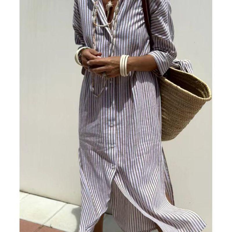 

Striped Shirt Slim Dress for Women Women Stripe Shirt Split Dress Coffee XL