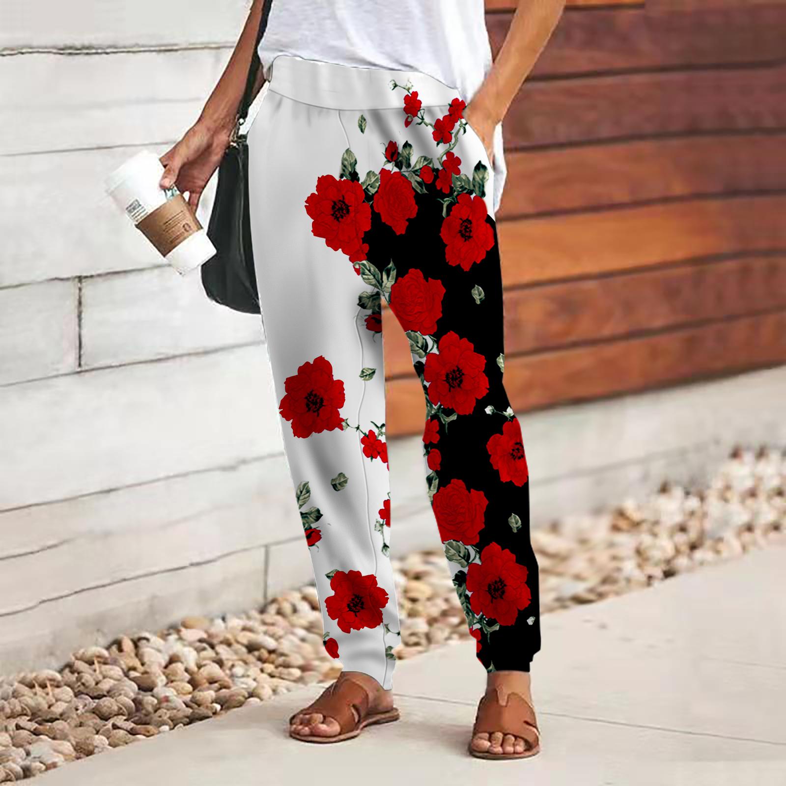 

Женские брюки с принтом розового пиона 3D, свободные брюки со шнуровкой и эластичным поясом, повседневные длинные брюки с карманами 8XL