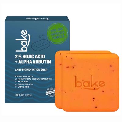 BAKE 2% Kojic Acid Scrub Treatment Soap (200 Gms, 2 Pcs) for Pigmentation, Dark Spots & Tan Removal | Brightens Underarms, Knees & Elbows | With Alp