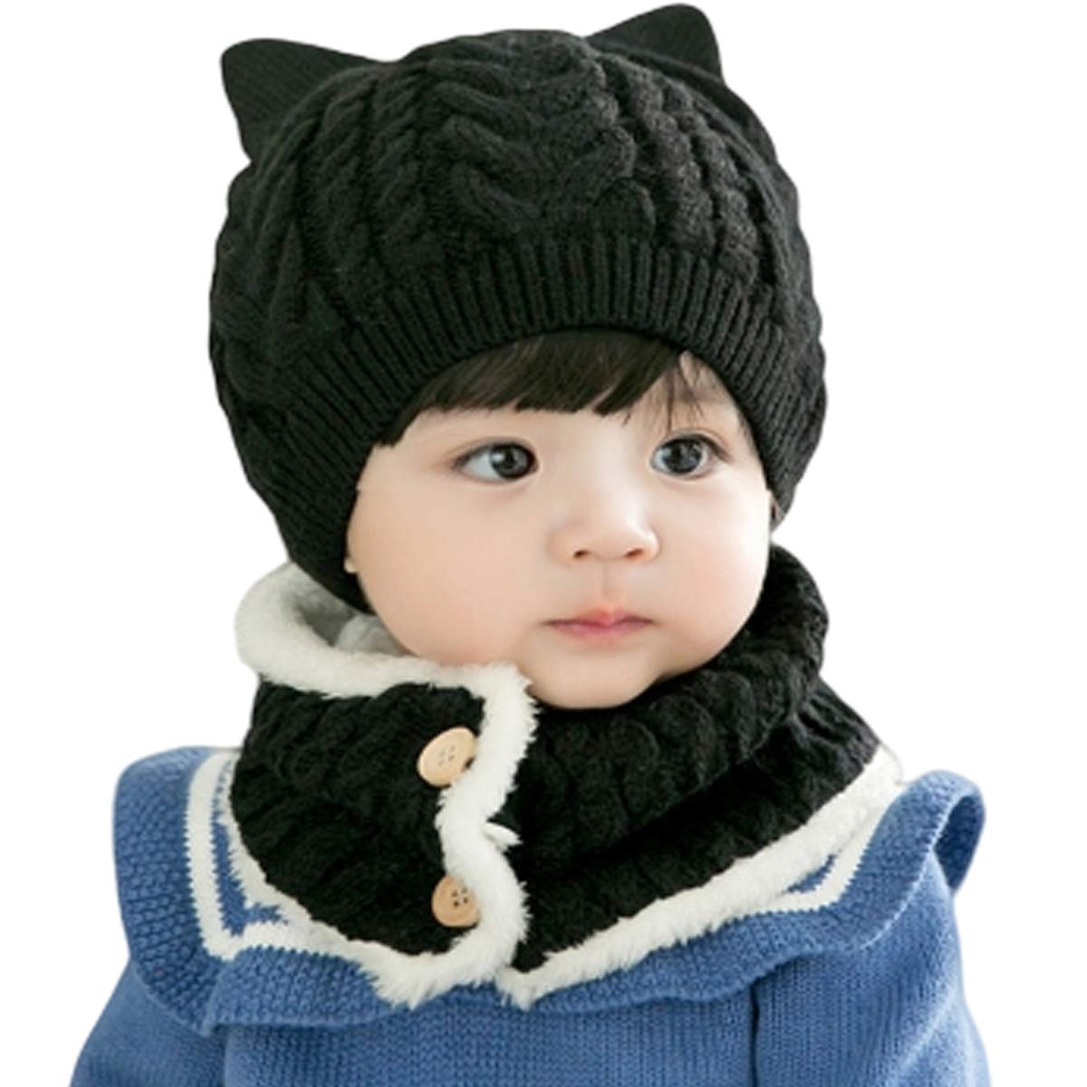 

miaotti Baby Knit Hat and Neck Warmer Set for with Cold One Size Fits All Ages Newborns, Winter, Ears, Protection, 0-2 (Black) чёрный