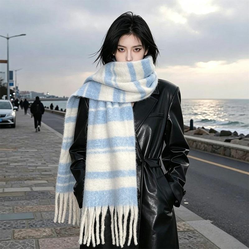 Mohair plaid scarf women's winter sea salt milk coffee blue thickened atmosphere warm student shawl scarf