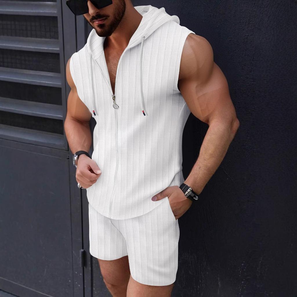 Men's Plaid Zipper Sleeveless Vest Shorts Two-piece Set